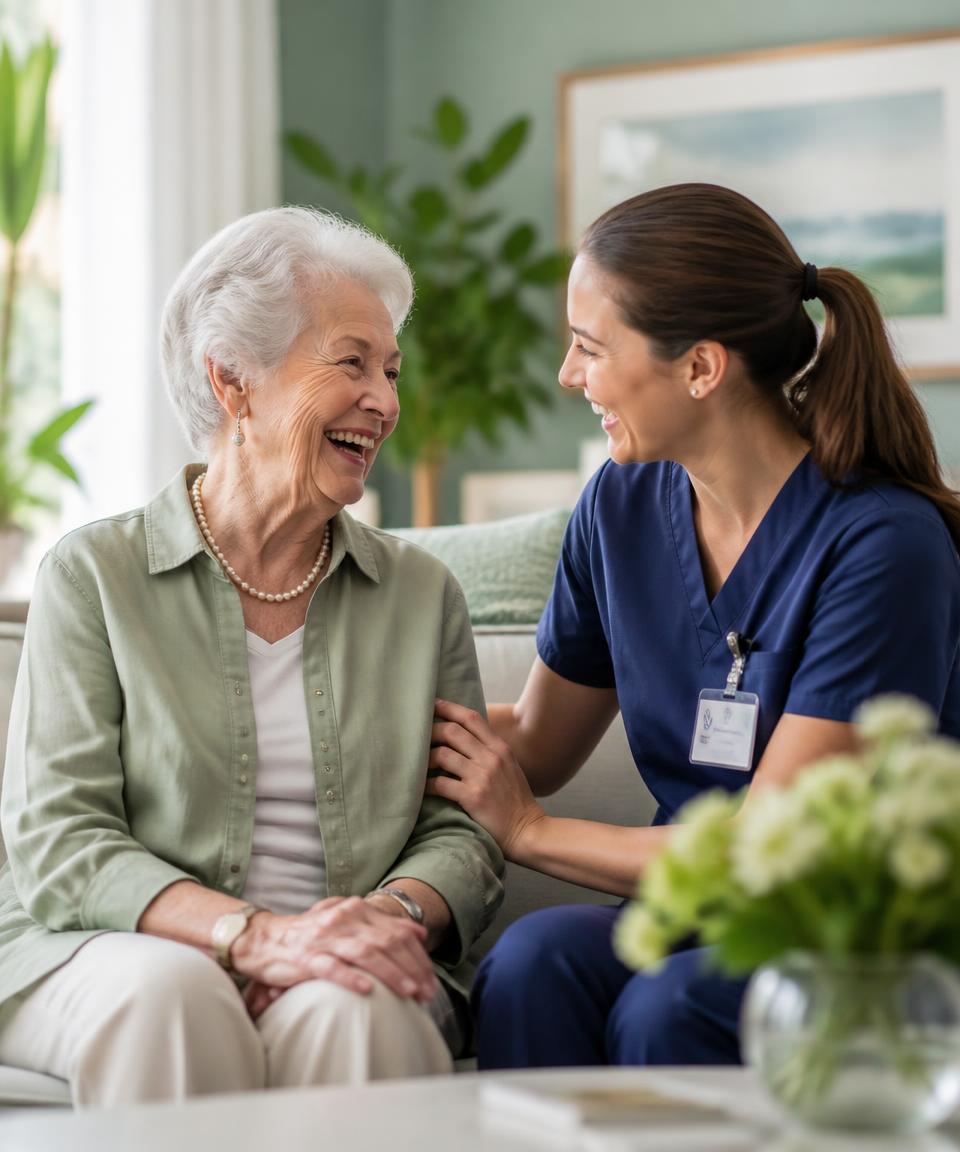 A resident laughing with a carer in a bright, comfortable lounge at Altruacare