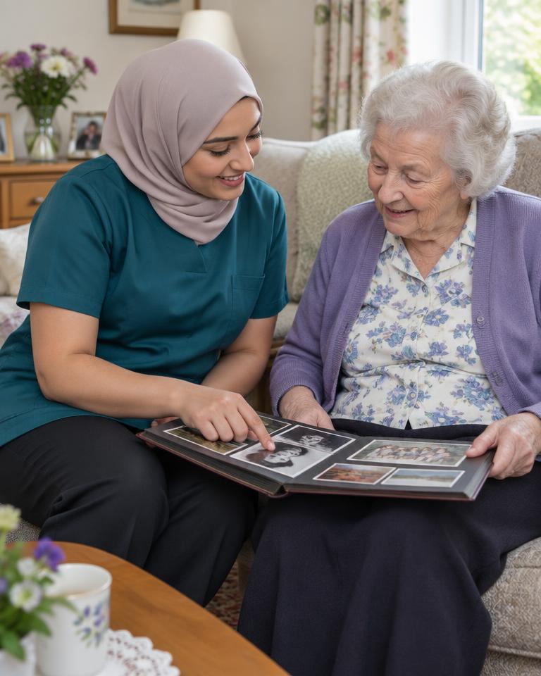 A care professional wearing a hijab sharing memories with an older woman