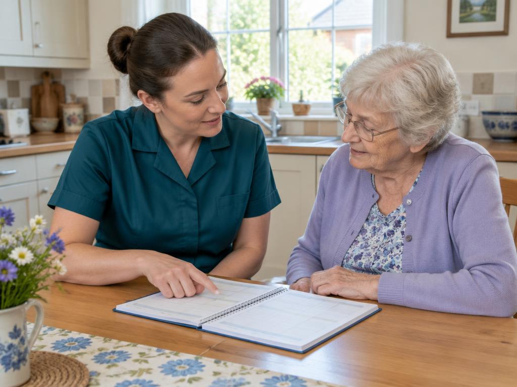 A home care professional planning the day with an older woman
