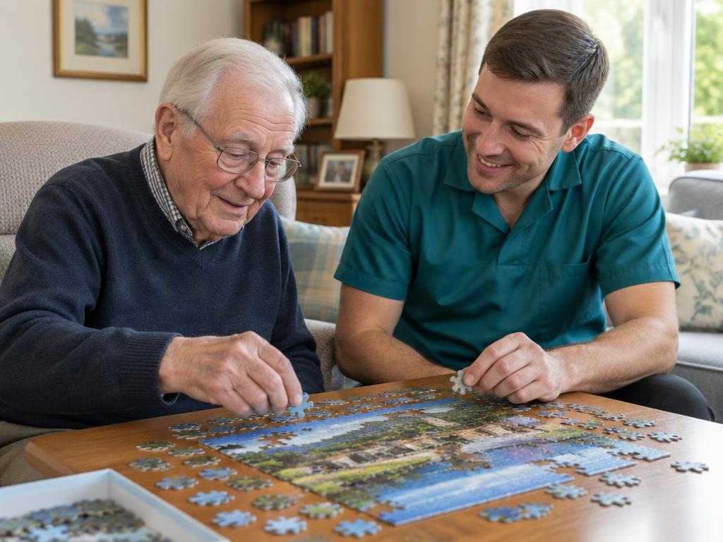 An older gentleman enjoying a jigsaw with a care professional